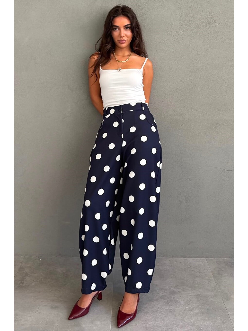 Lacivert Puantiyeli Beli Lastikli Balon Kadın Pantolon Mg2886-3