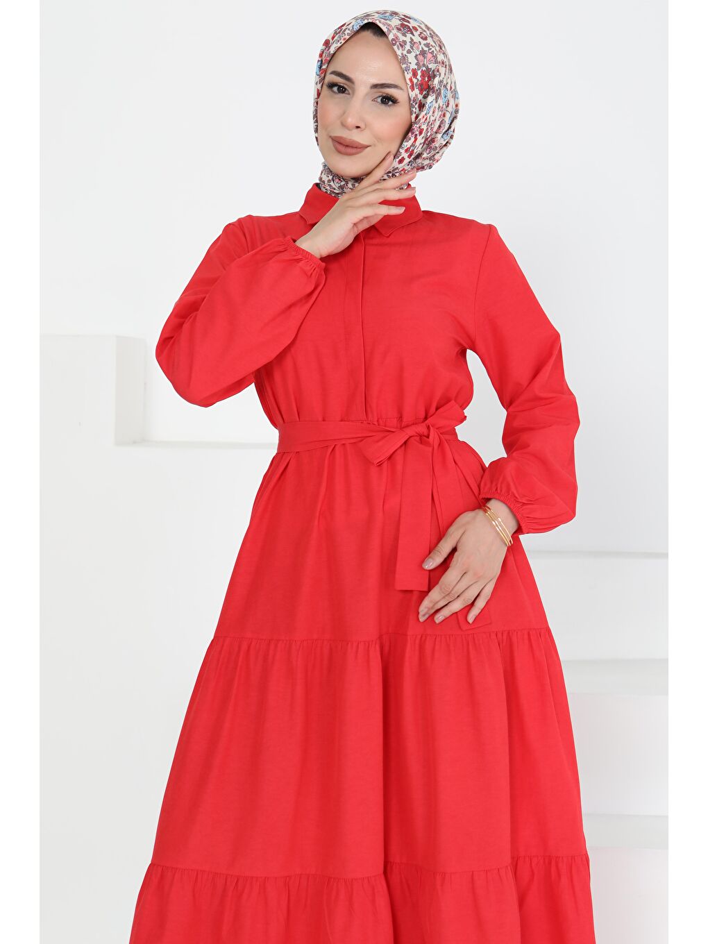 Kırmızı Kuşaklı Kat Kat Elbise Kirmizi - 27283-2