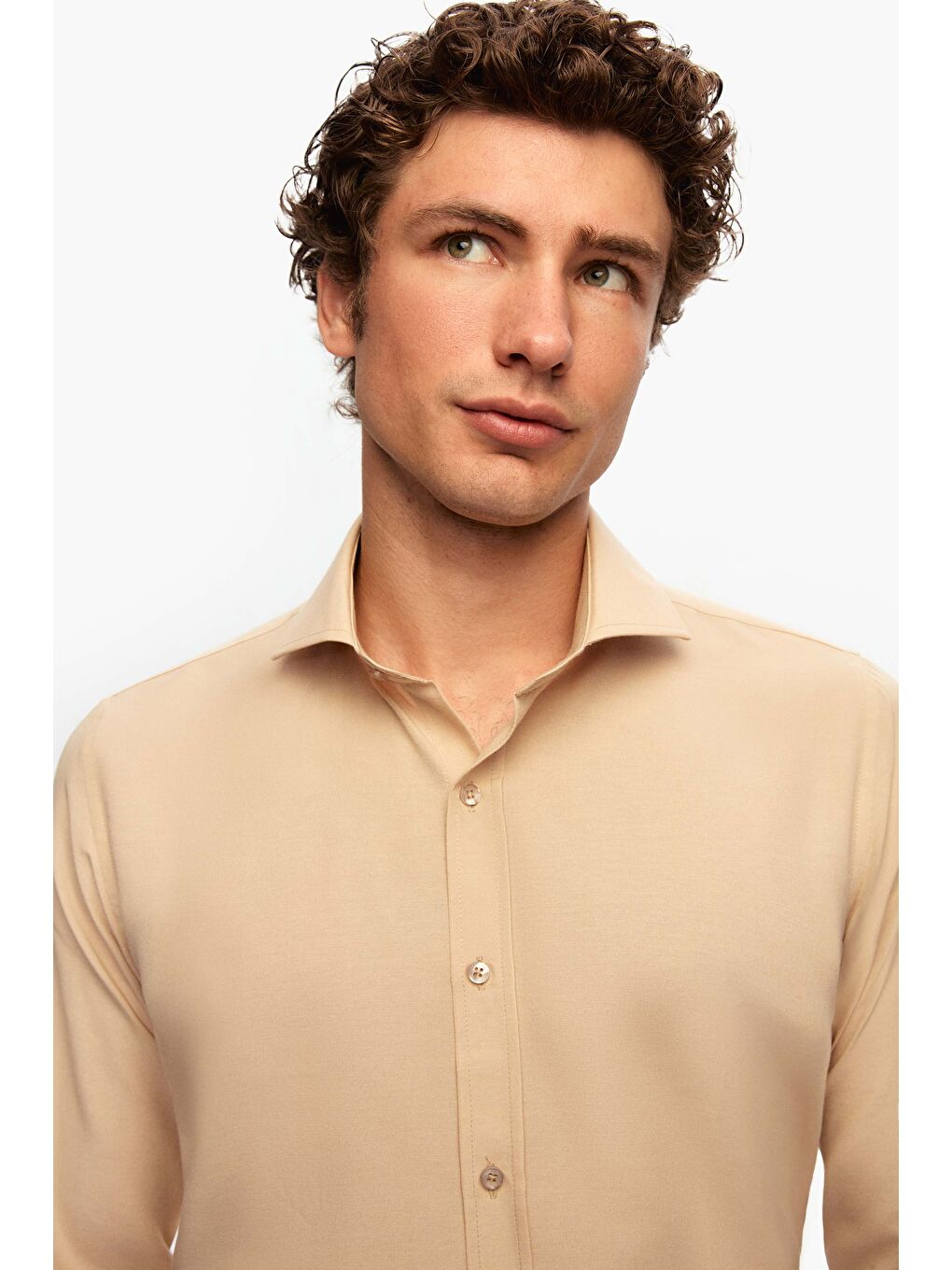 Slim Fit Bej İtalyan Yaka Dar Kesim Klasik Kravatlık Uzun Kol Kolay Ütülenebilir Gömlek-2