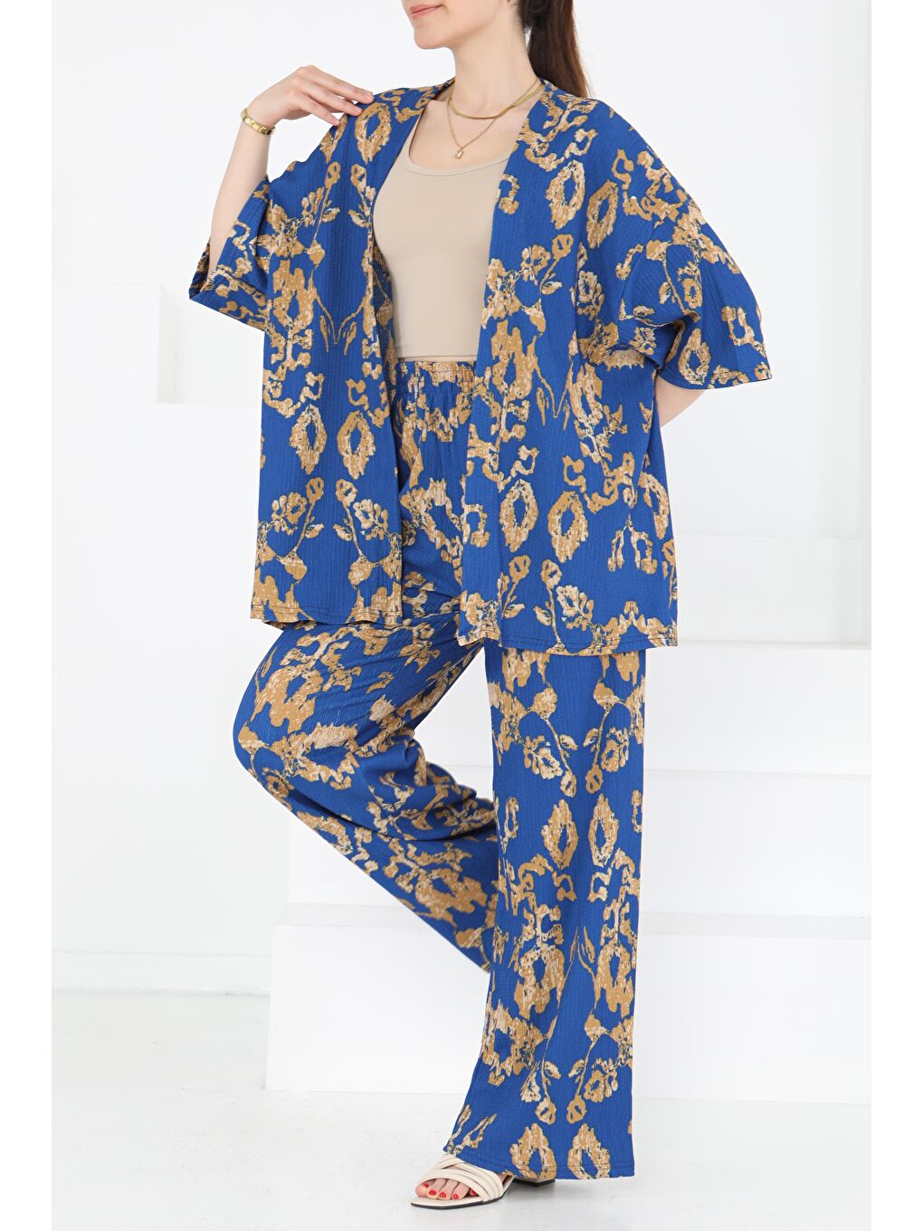 Desenli Kimono Takım Mavi - 27287-3