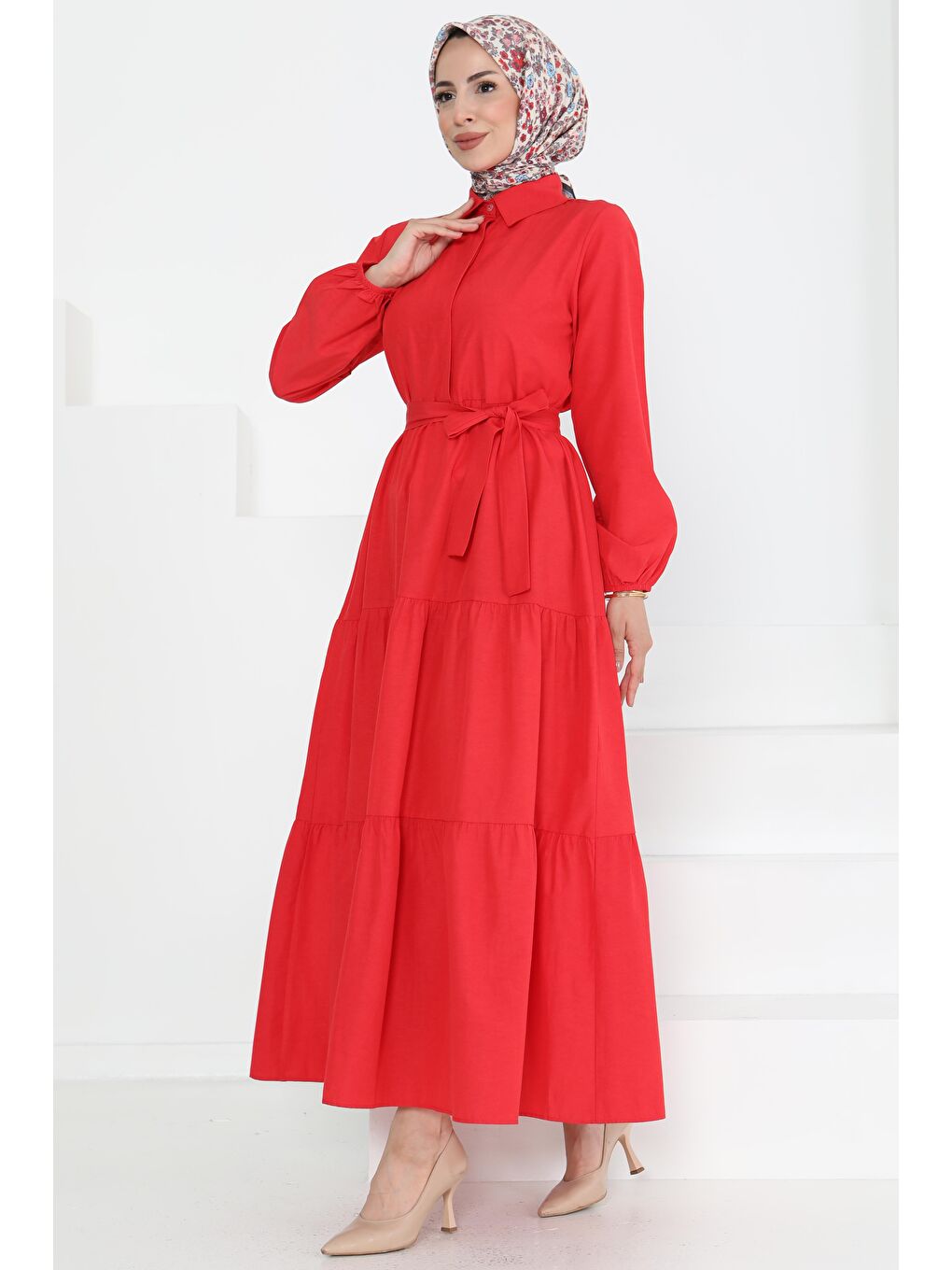 Kırmızı Kuşaklı Kat Kat Elbise Kirmizi - 27283-3
