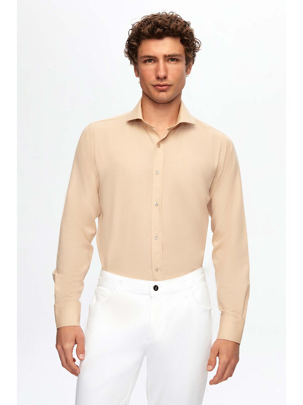 Slim Fit Bej İtalyan Yaka Dar Kesim Klasik Kravatlık Uzun Kol Kolay Ütülenebilir Gömlek-3