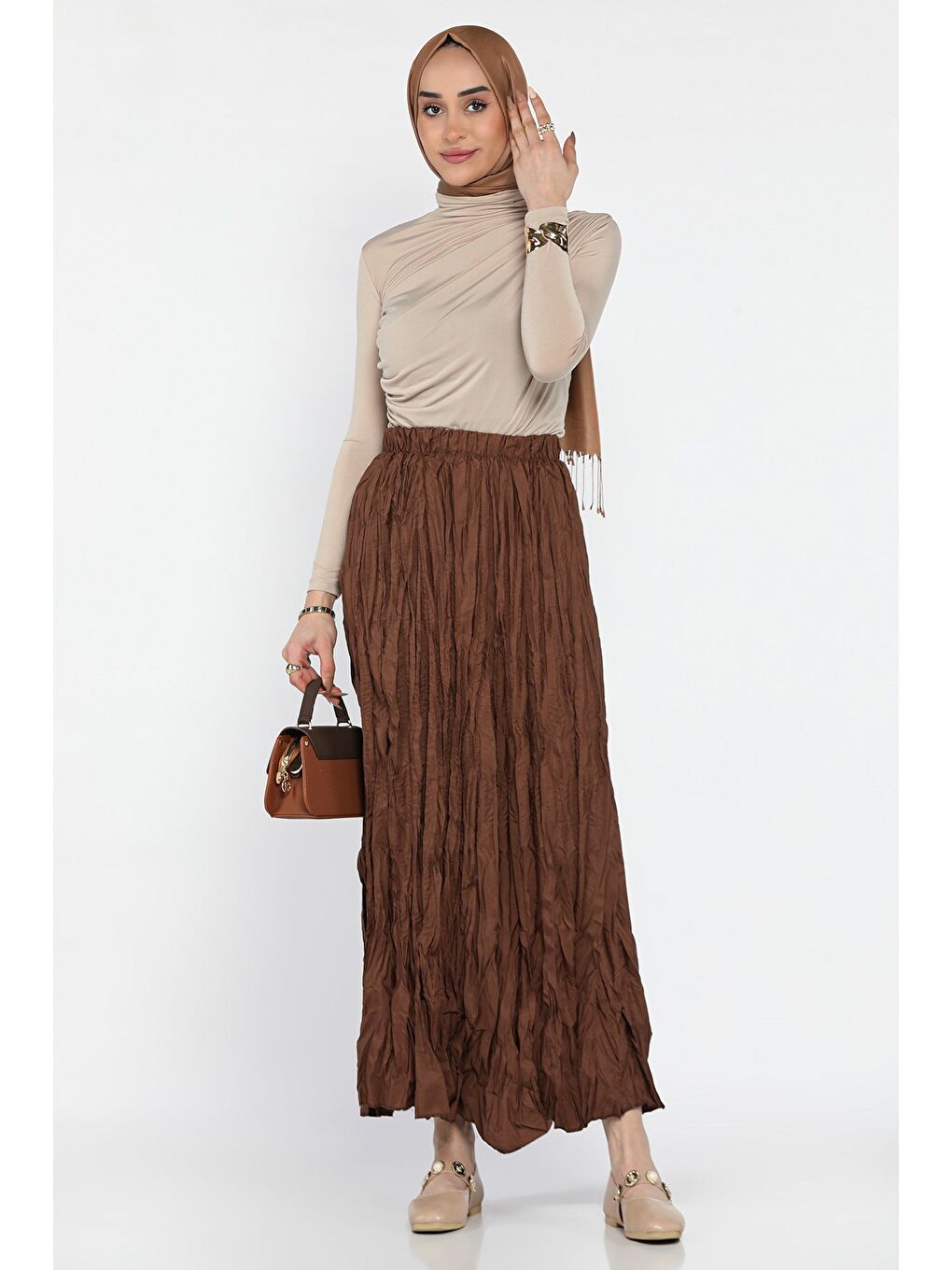 Kahverengi Kadın Bel Lastikli Kraş Tesettür Etek-3