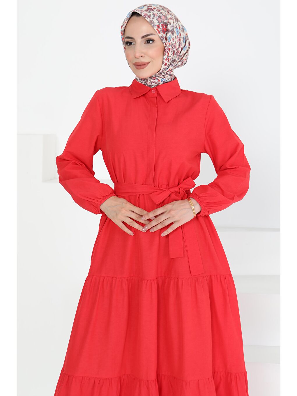 Kırmızı Kuşaklı Kat Kat Elbise Kirmizi - 27283-4