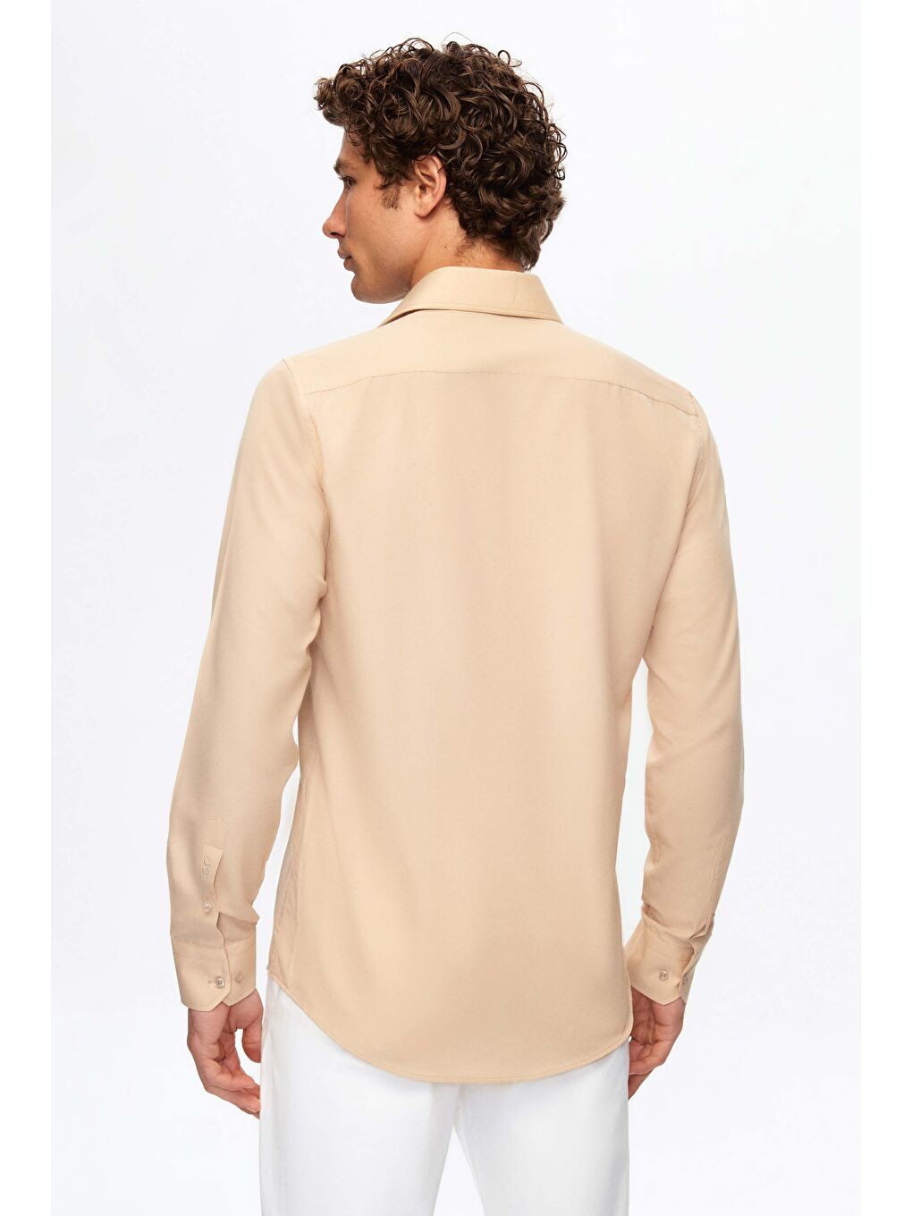 Slim Fit Bej İtalyan Yaka Dar Kesim Klasik Kravatlık Uzun Kol Kolay Ütülenebilir Gömlek-5