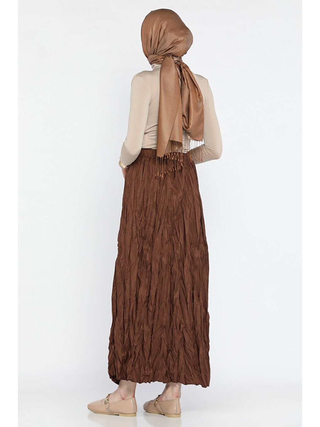 Kahverengi Kadın Bel Lastikli Kraş Tesettür Etek-4