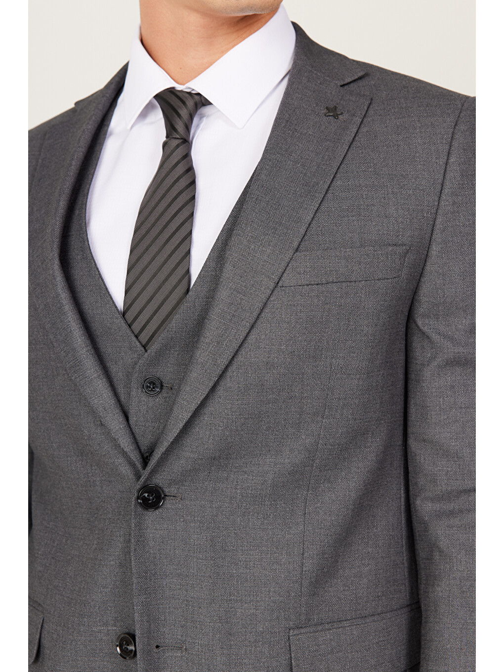 Erkek Antrasit Slim Fit Dar Kesim Mono Yaka Armürlü Yelekli Takım Elbise-7