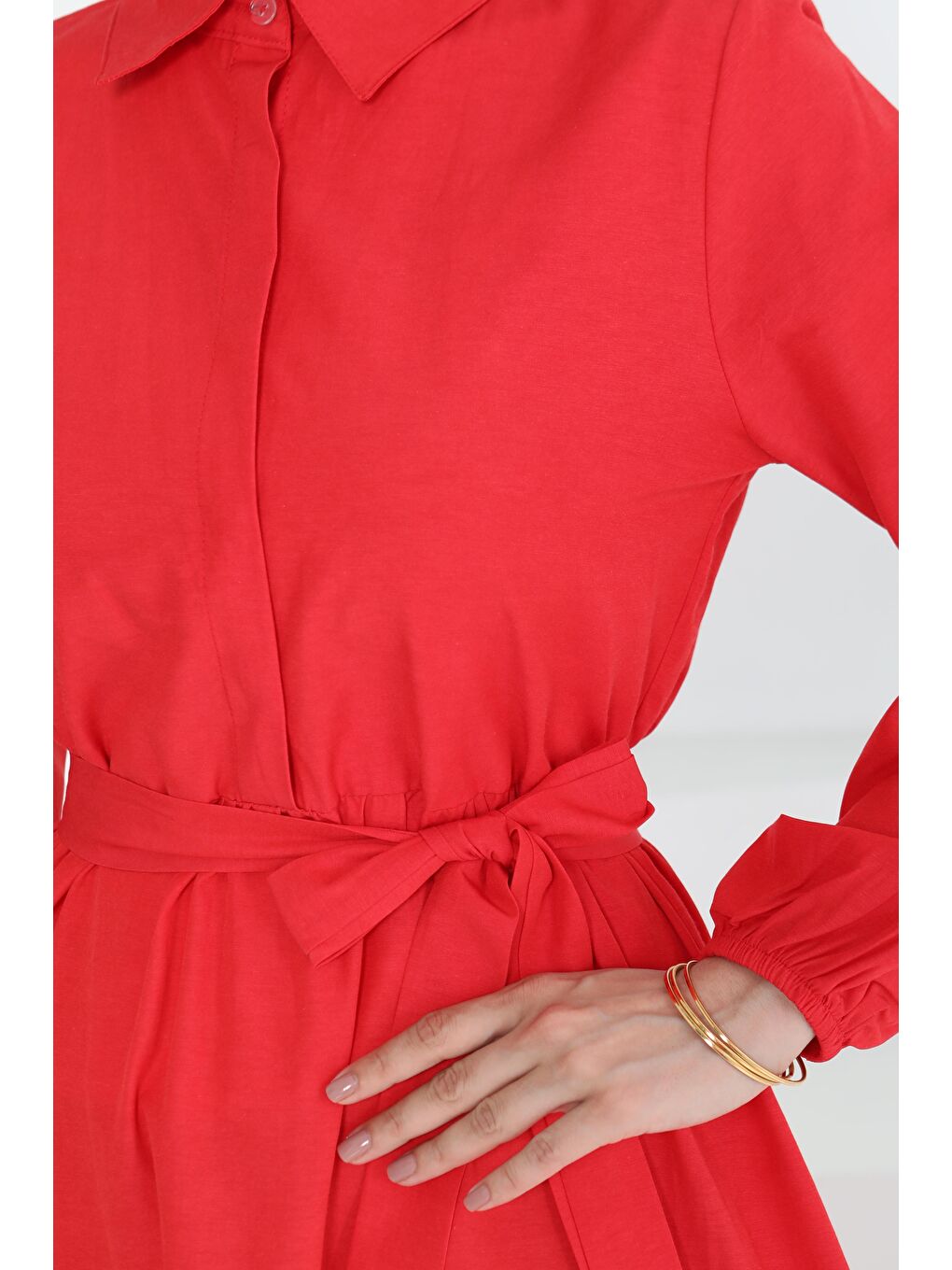 Kırmızı Kuşaklı Kat Kat Elbise Kirmizi - 27283-5