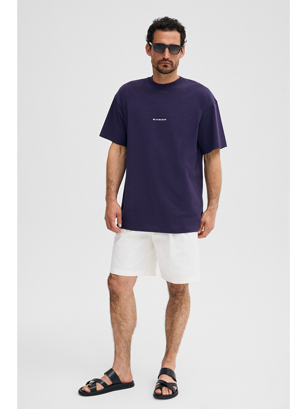 Mor RIVER Erkek Oversize Fit Bol Kesim Nakış İşlemeli Basic Örme KOYU MOR T-Shirt-3