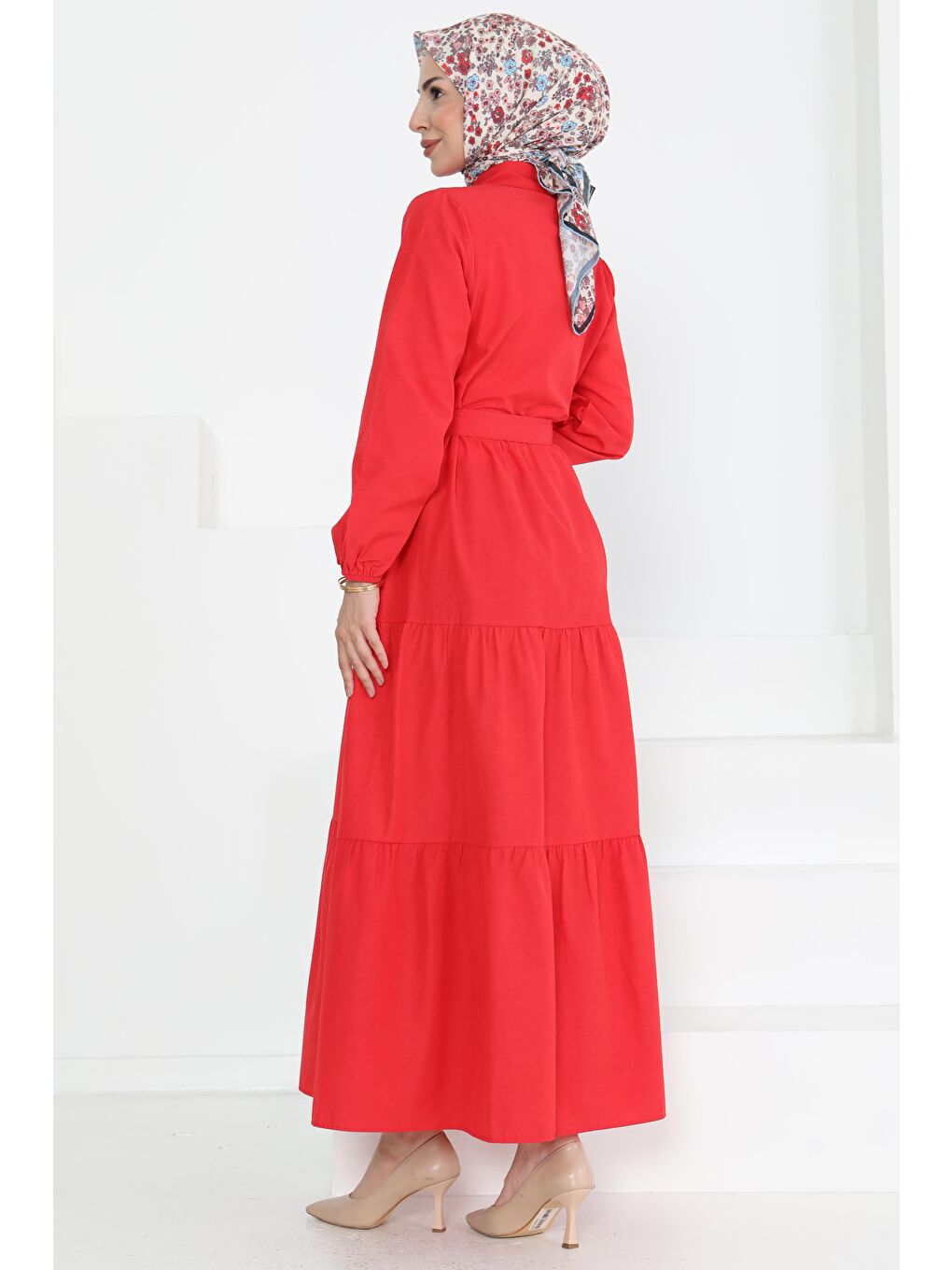 Kırmızı Kuşaklı Kat Kat Elbise Kirmizi - 27283-6