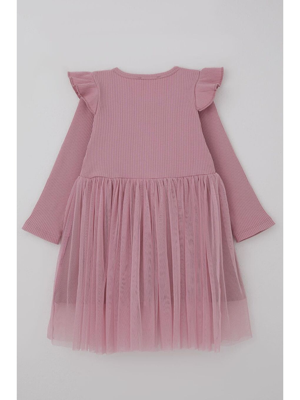 Pembe Kız Çocuk Uzun Kollu Elbise Omzu Fırfır Detaylı Fiyonklu Gülkurusu (3-8 Yaş)-1
