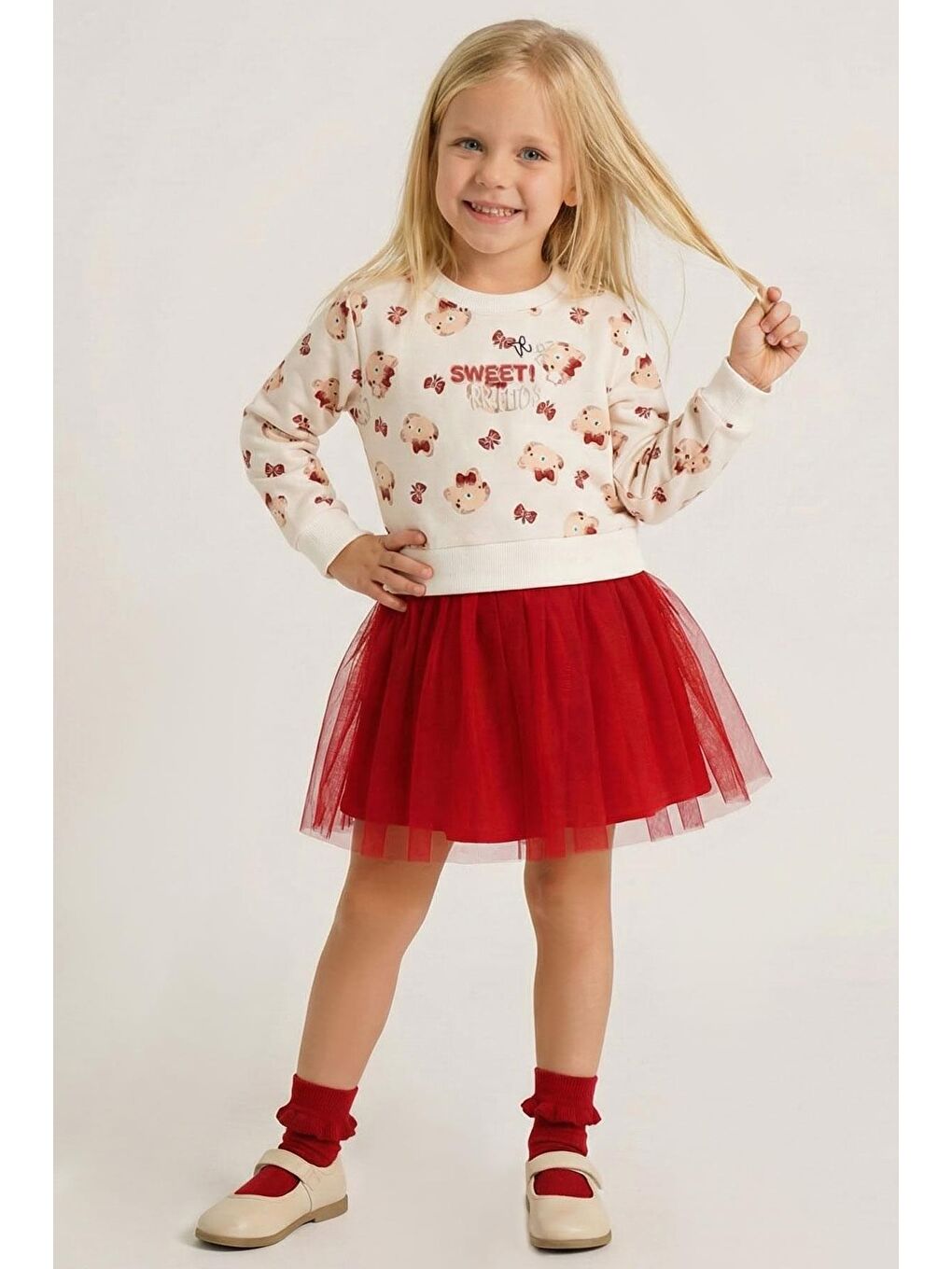 Kız Çocuk Uzun Kollu Elbise Fiyonklu Sevimli Ayıcık Desenli Ekru (2-6 Yaş)-1