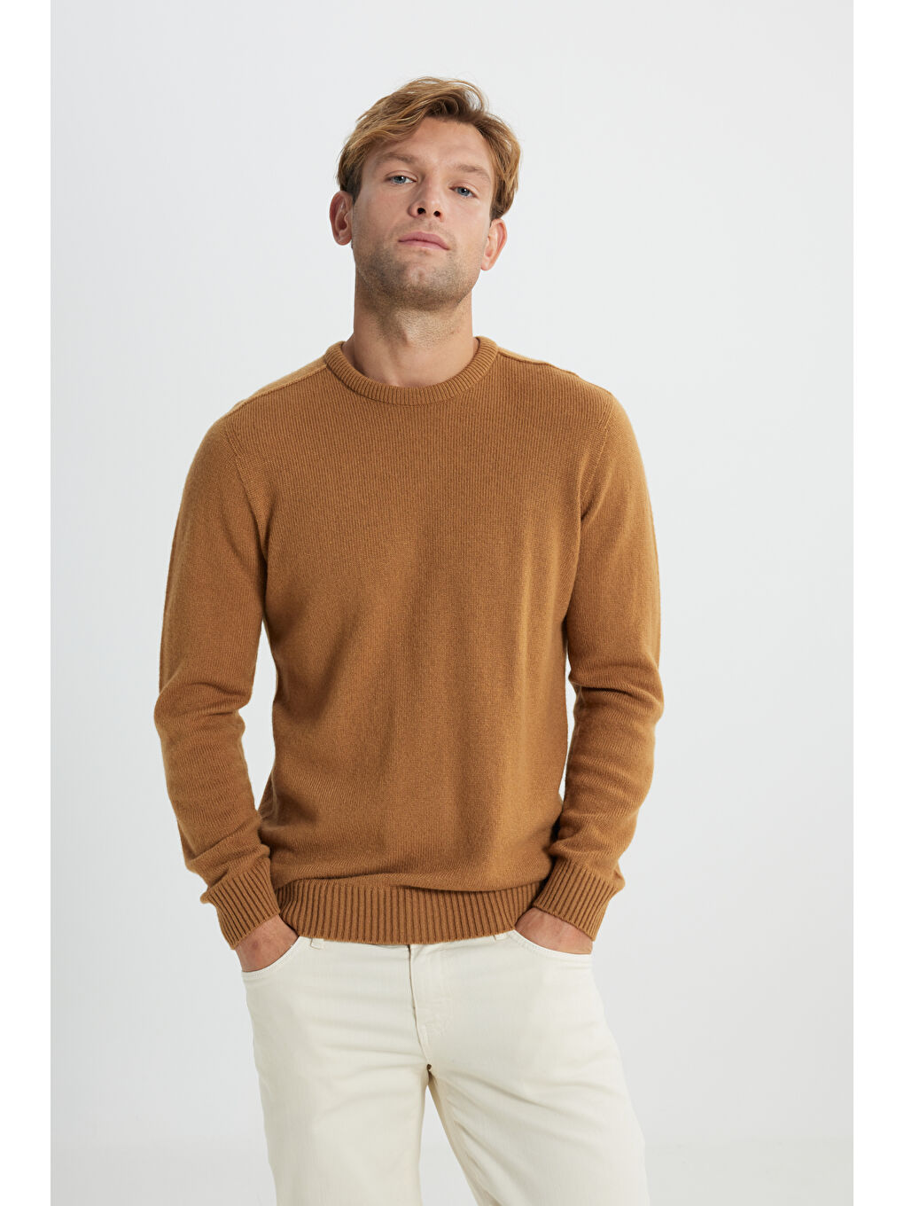 Kahverengi Erkek Camel Yünlü Dikişsiz Sıcak Tutan Normal Kesim Bisiklet Yaka Armürlü Triko Kazak-3