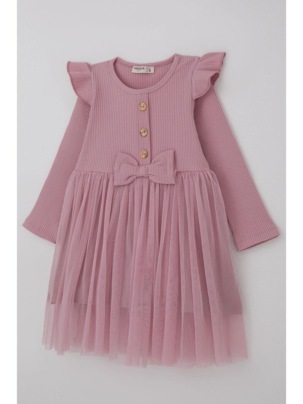 Pembe Kız Çocuk Uzun Kollu Elbise Omzu Fırfır Detaylı Fiyonklu Gülkurusu (3-8 Yaş)-2