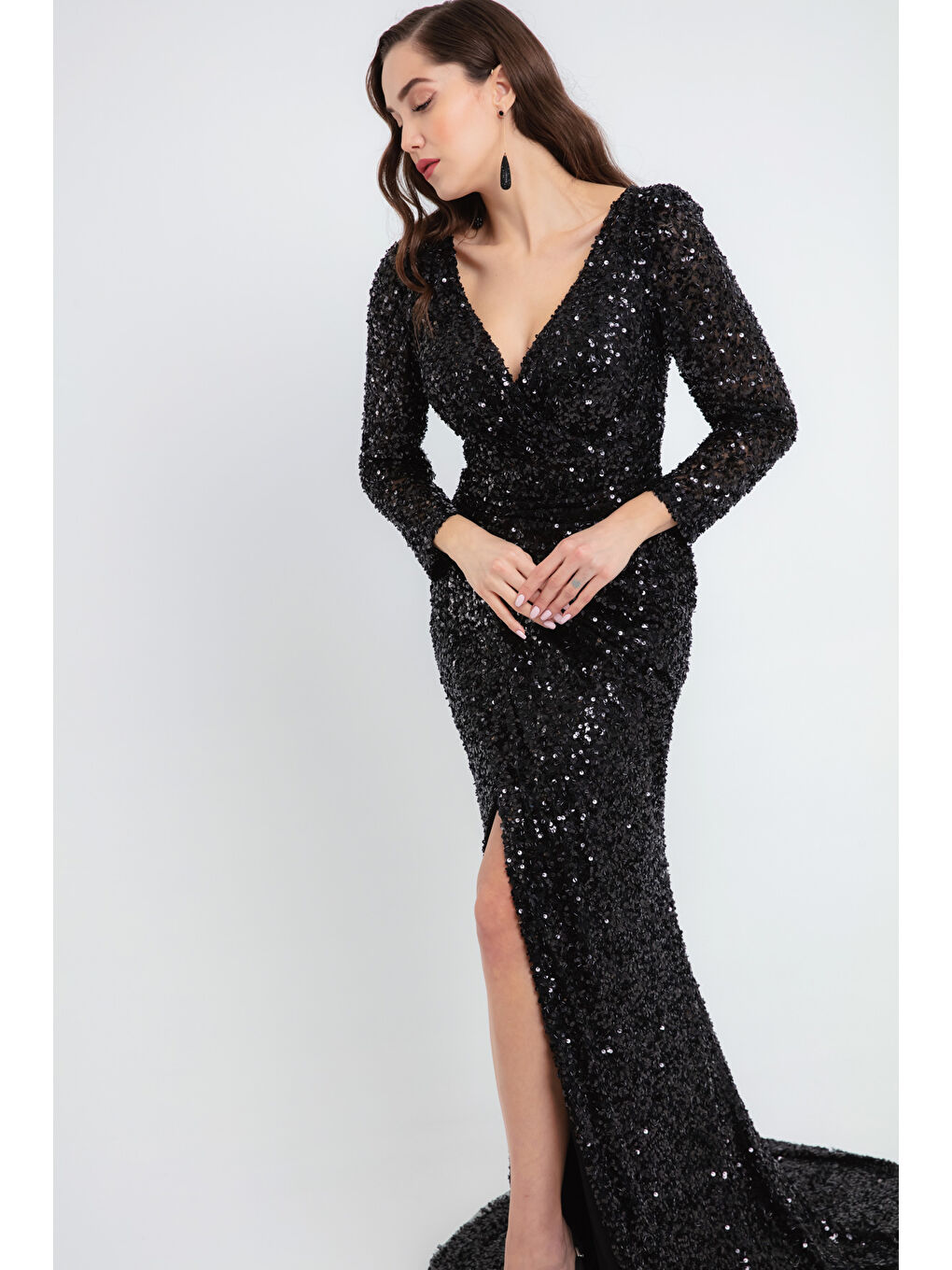Kadın Siyah Kruvaze Yaka Pul Payet Uzun Abiye Elbise-1