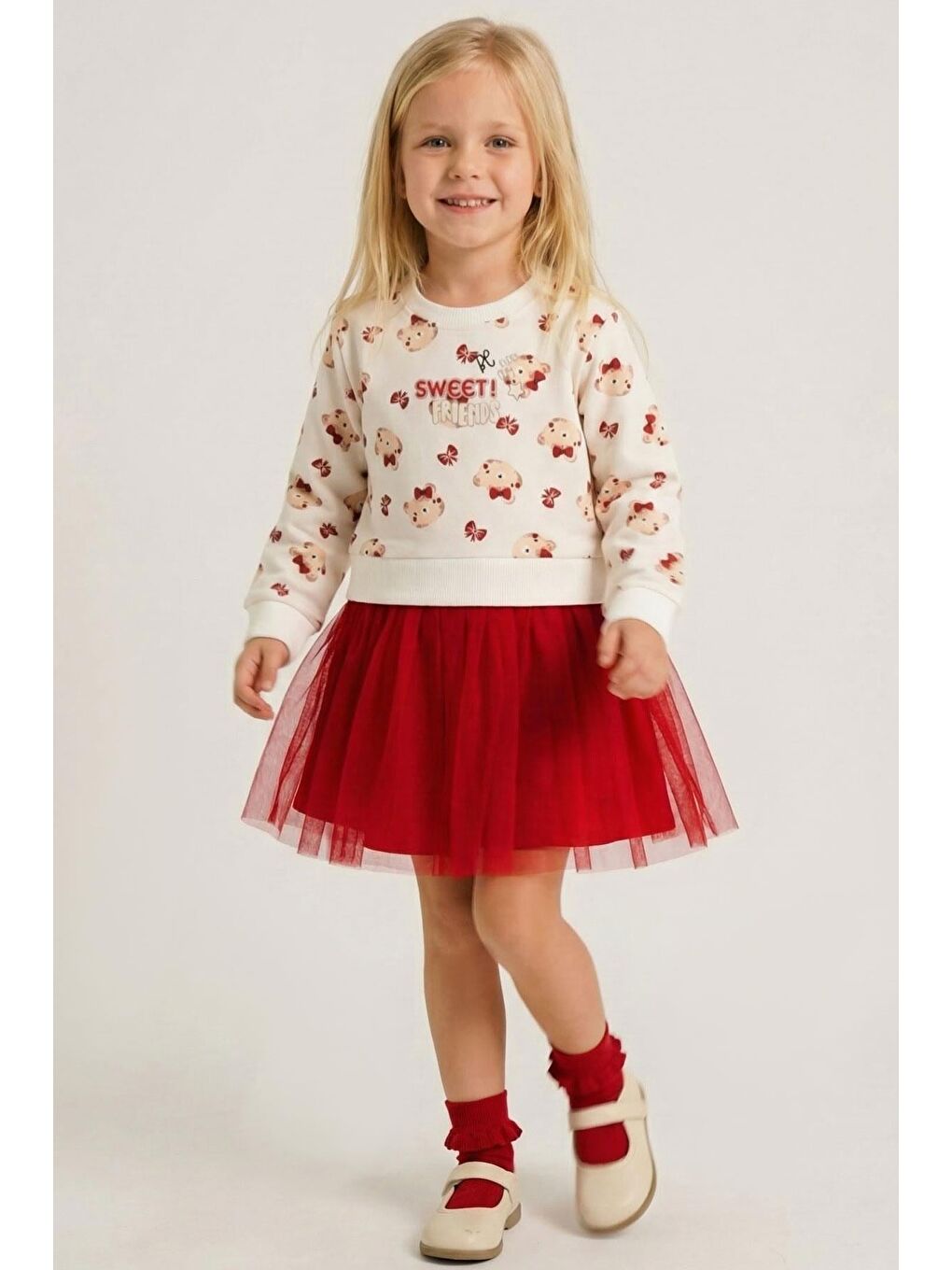 Kız Çocuk Uzun Kollu Elbise Fiyonklu Sevimli Ayıcık Desenli Ekru (2-6 Yaş)-2