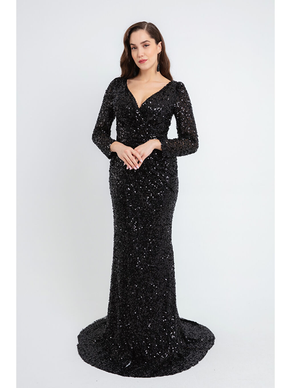 Kadın Siyah Kruvaze Yaka Pul Payet Uzun Abiye Elbise-3
