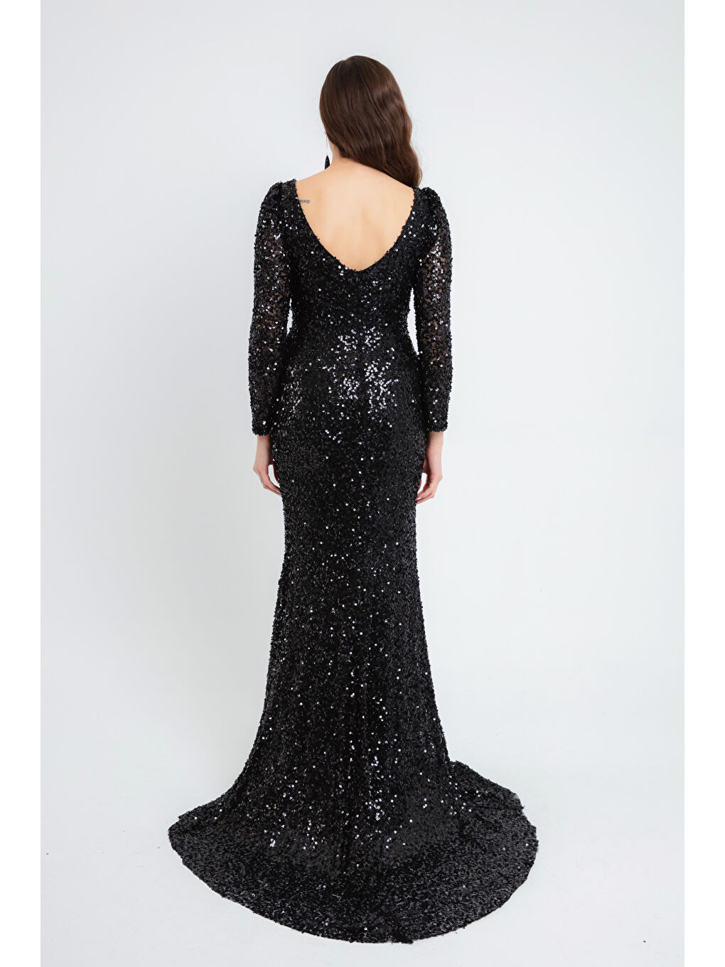 Kadın Siyah Kruvaze Yaka Pul Payet Uzun Abiye Elbise-4