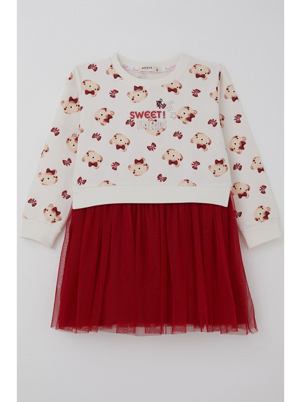 Kız Çocuk Uzun Kollu Elbise Fiyonklu Sevimli Ayıcık Desenli Ekru (2-6 Yaş)-3