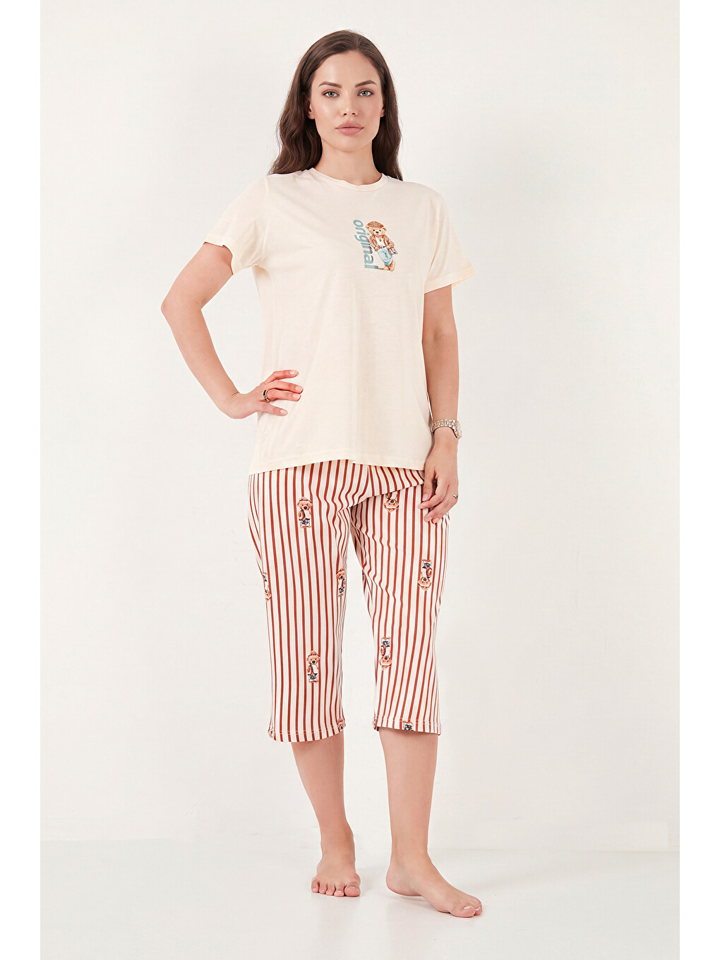 Bej Desenli Pamuklu Bisiklet Yaka Kaprili Pijama Takımı 65790787-2