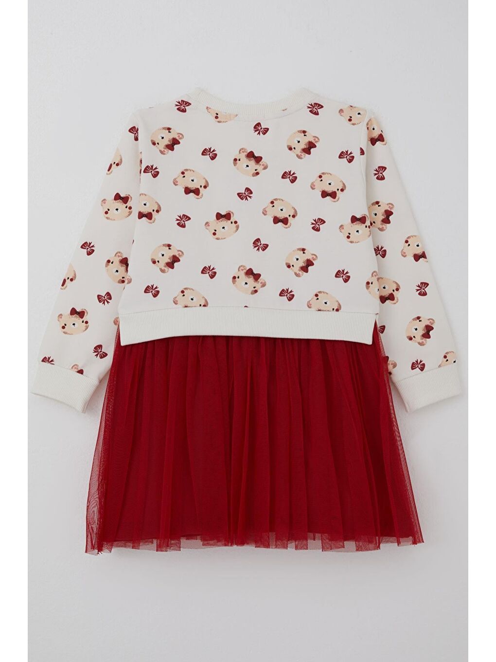 Kız Çocuk Uzun Kollu Elbise Fiyonklu Sevimli Ayıcık Desenli Ekru (2-6 Yaş)-4