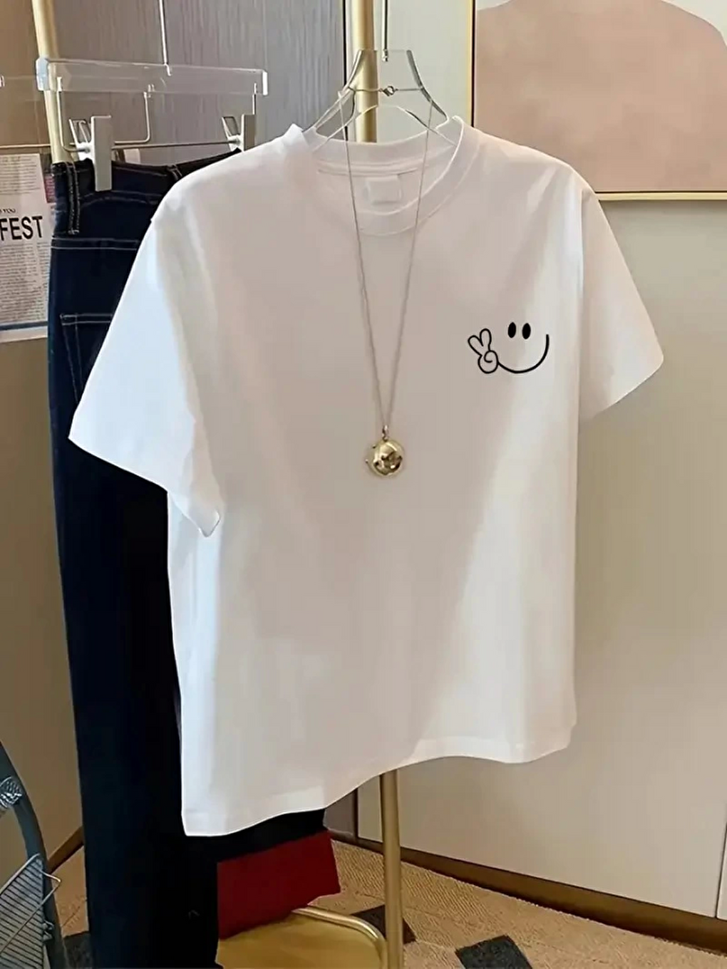 Baskılı Oversize Bisiklet Yaka T-shirt - Beyaz-2