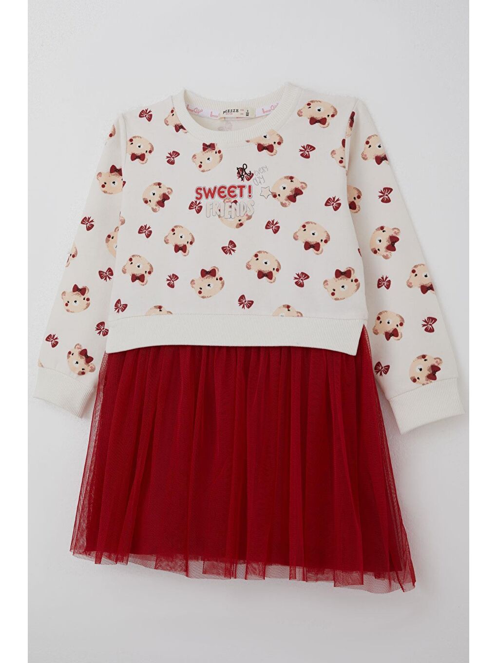 Kız Çocuk Uzun Kollu Elbise Fiyonklu Sevimli Ayıcık Desenli Ekru (2-6 Yaş)-5