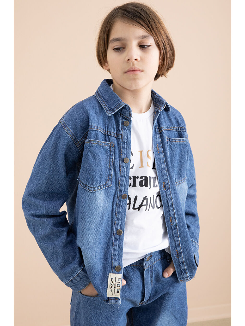 Mavi Düğmeli Jean Gömlekli Pantolonlu 3lü Erkek Çocuk Takım 19998-1