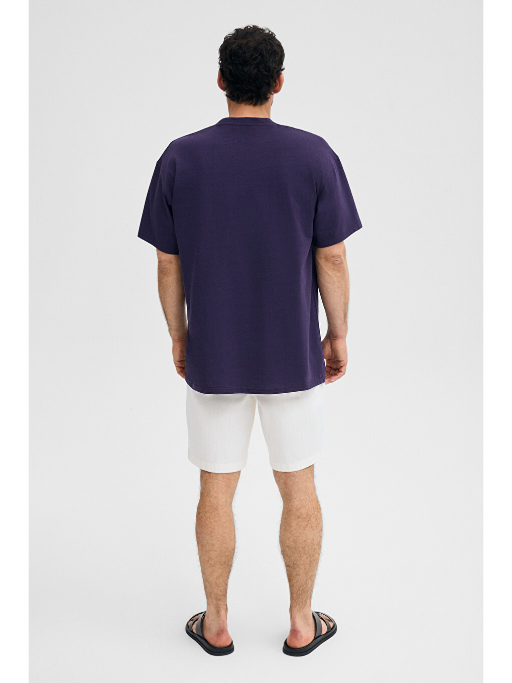 Mor RIVER Erkek Oversize Fit Bol Kesim Nakış İşlemeli Basic Örme KOYU MOR T-Shirt-4