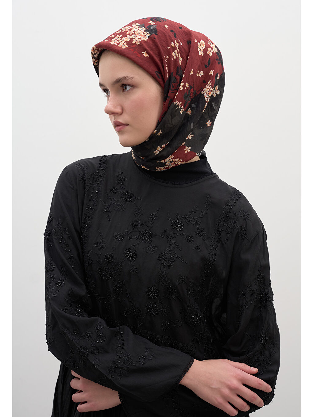 Tıny Plumerıa Desen Pamuklu Viskon Eşarp Kırmızı-1