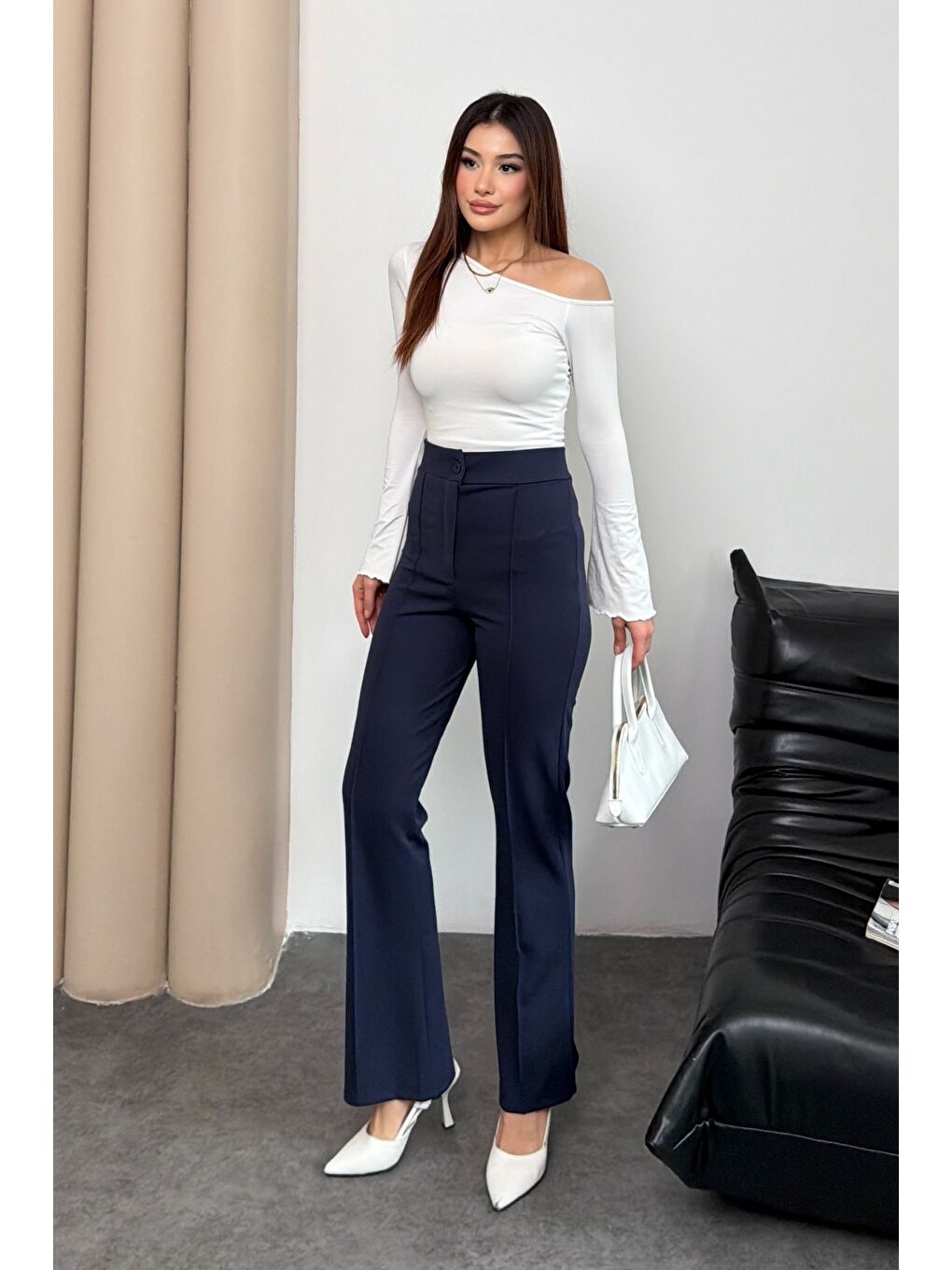 Kadın Yüksek Bel Düğmeli Fermuarlı Elastanlı Lacivert Düz Rahat Nervürlü Palazzo Pantolon-1