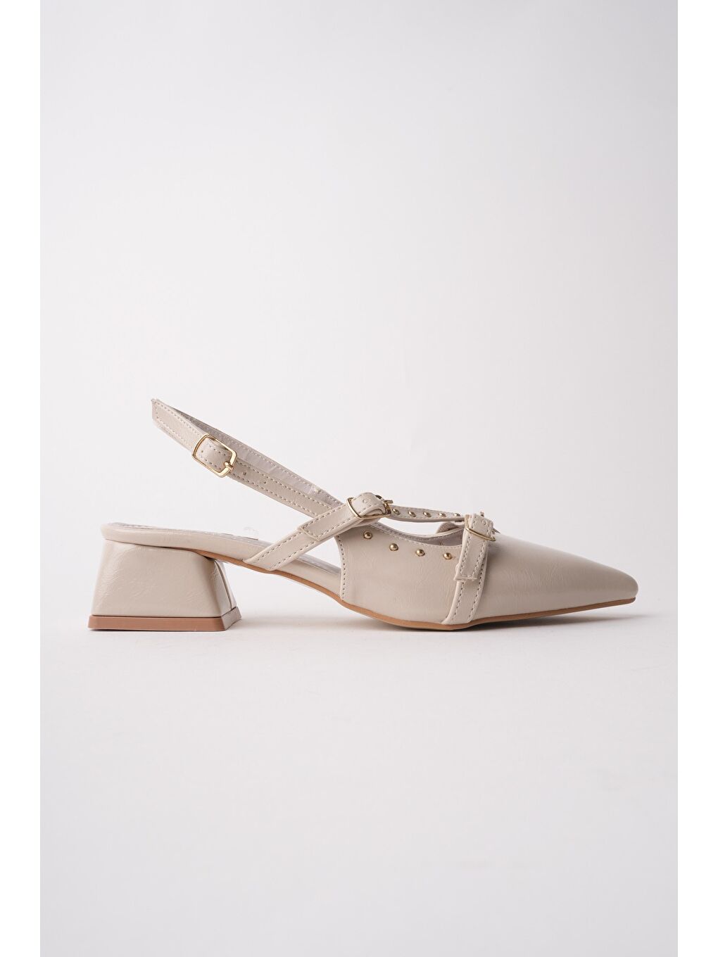 Bej JOLY Sivri Burun Arkası Açık Metal Aksesuarlı Kadın Kısa Topuklu Ayakkabı-8