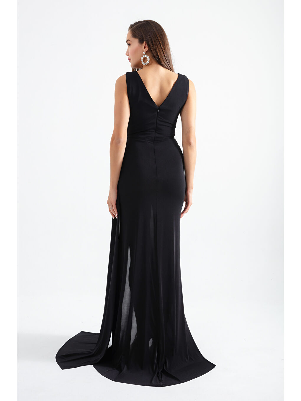 Kadın Siyah Kruvaze Yaka Taşlı Abiye Elbise-4