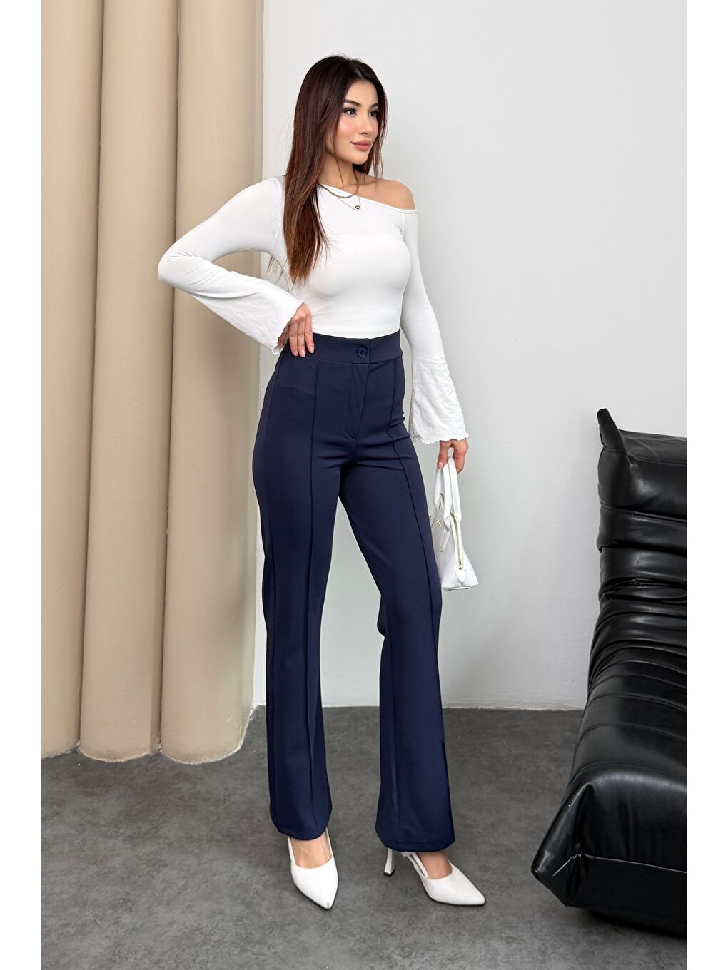 Kadın Yüksek Bel Düğmeli Fermuarlı Elastanlı Lacivert Düz Rahat Nervürlü Palazzo Pantolon-2