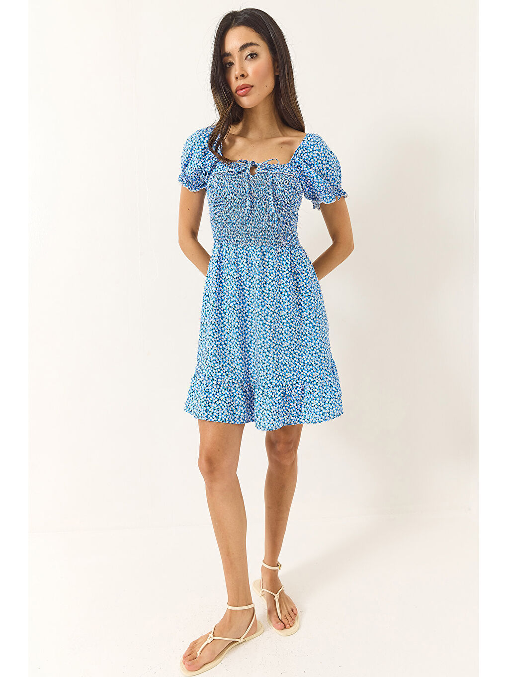 Mavi Kadın Papatya Desenli Karpuz Kollu Giperli Mini Viskon Elbise-2