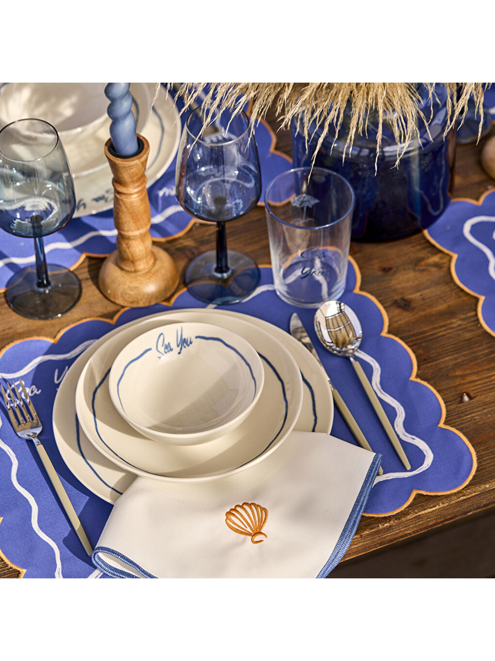 Marine Pamuklu Scallop Kenar Amerikan servis Mavi (35x45 cm)-1