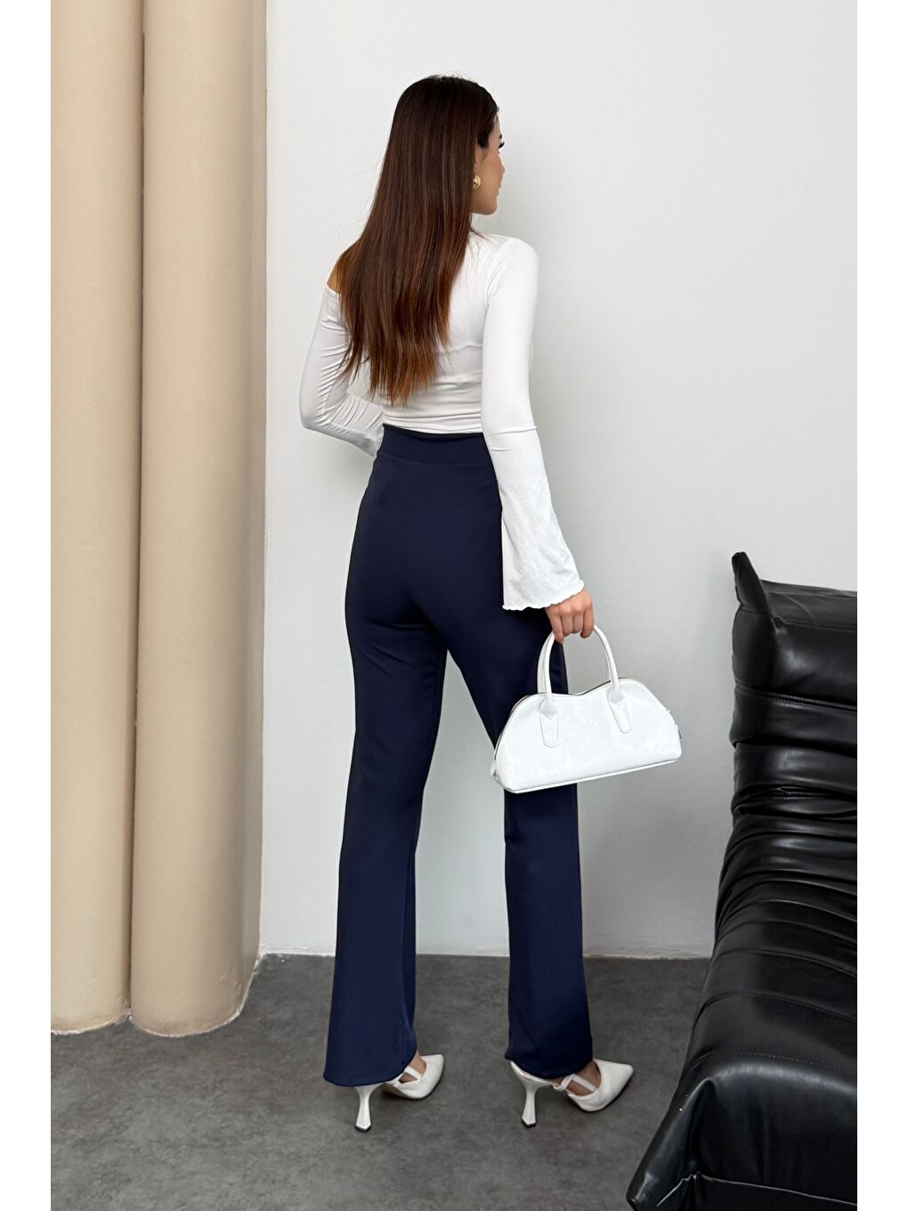 Kadın Yüksek Bel Düğmeli Fermuarlı Elastanlı Lacivert Düz Rahat Nervürlü Palazzo Pantolon-3