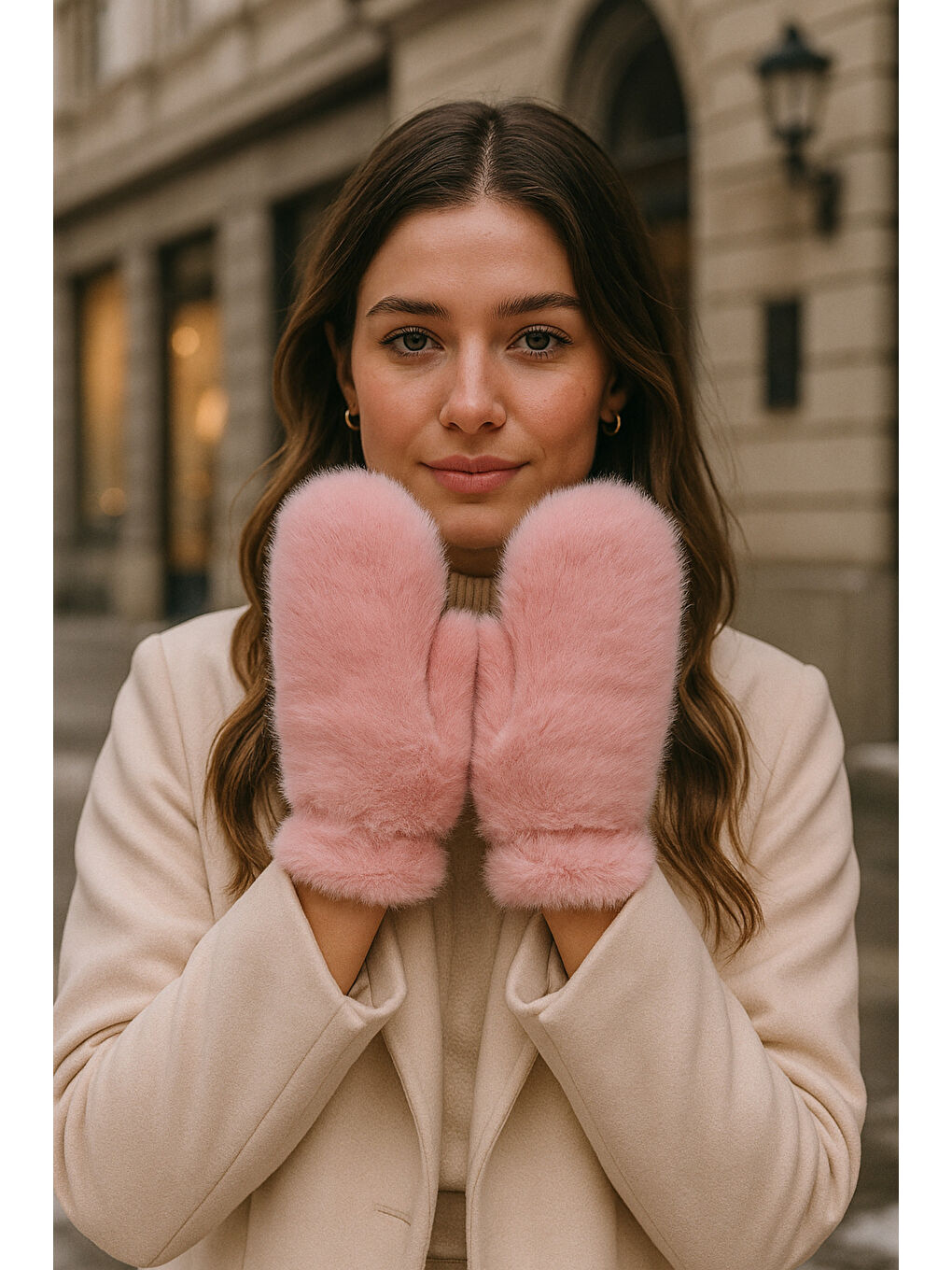 Pembe Kadın Pudra Pelüş Eldiven ELD32