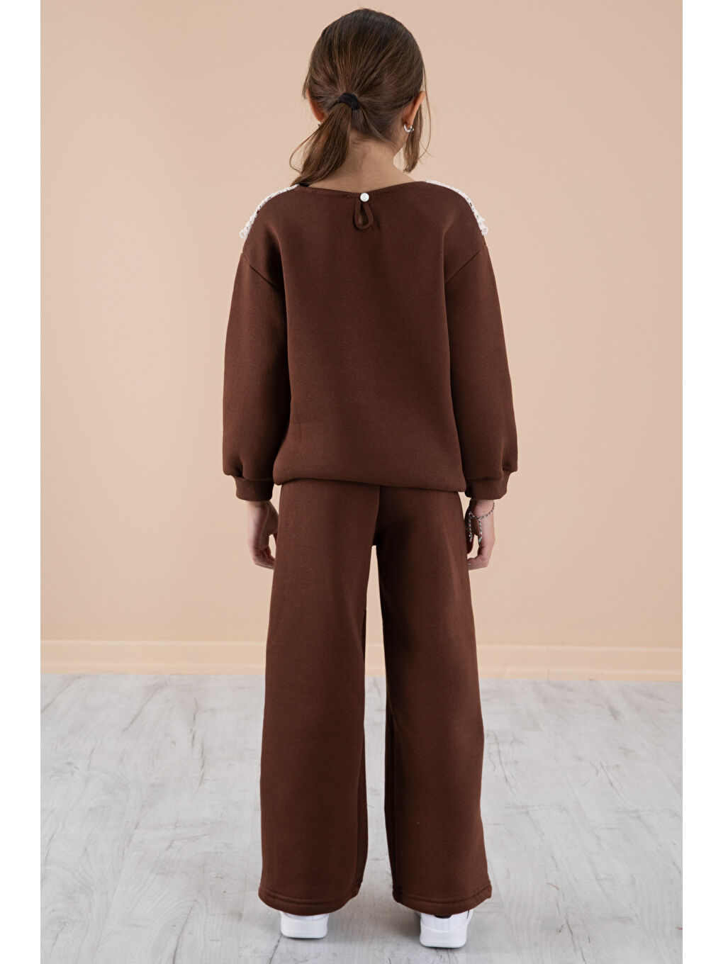 Kahverengi Dantel Yakalı Şardonlu Kız Çocuk Eşofman Takımı 20241-4