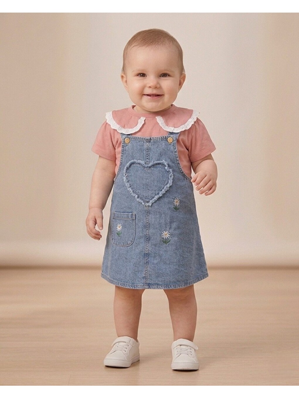 Pembe Kız Bebek Yazlık Jean Jile Ve T-shirtlü 2'lü Takım, 6-9-12-18-24 Aylık Jean Elbise Bayramlık Takım