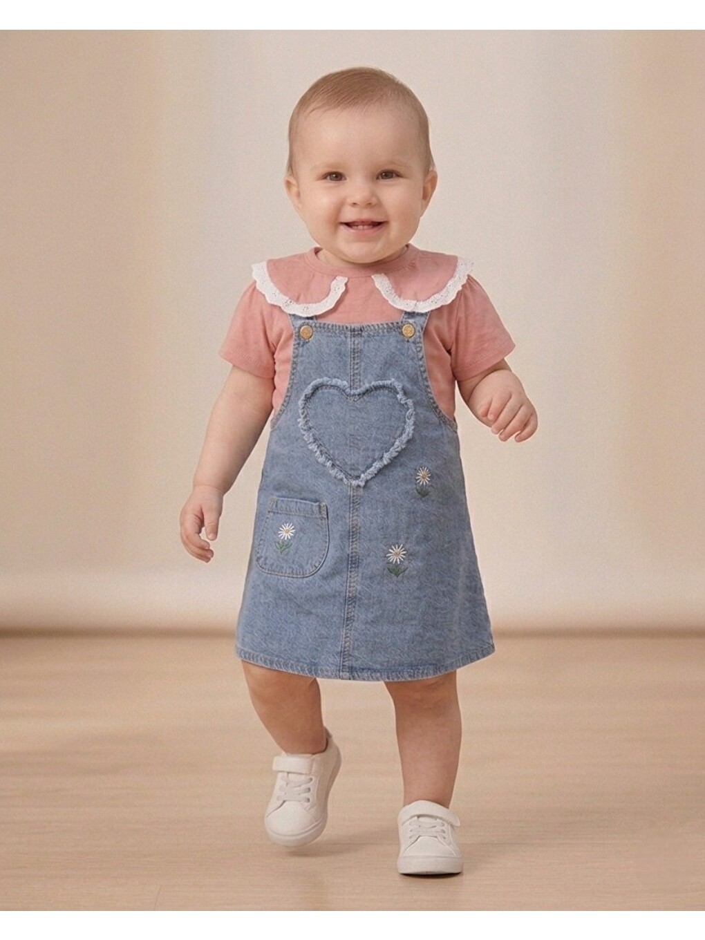 Pembe Kız Bebek Yazlık Jean Jile Ve T-shirtlü 2'lü Takım, 6-9-12-18-24 Aylık Jean Elbise Bayramlık Takım-1