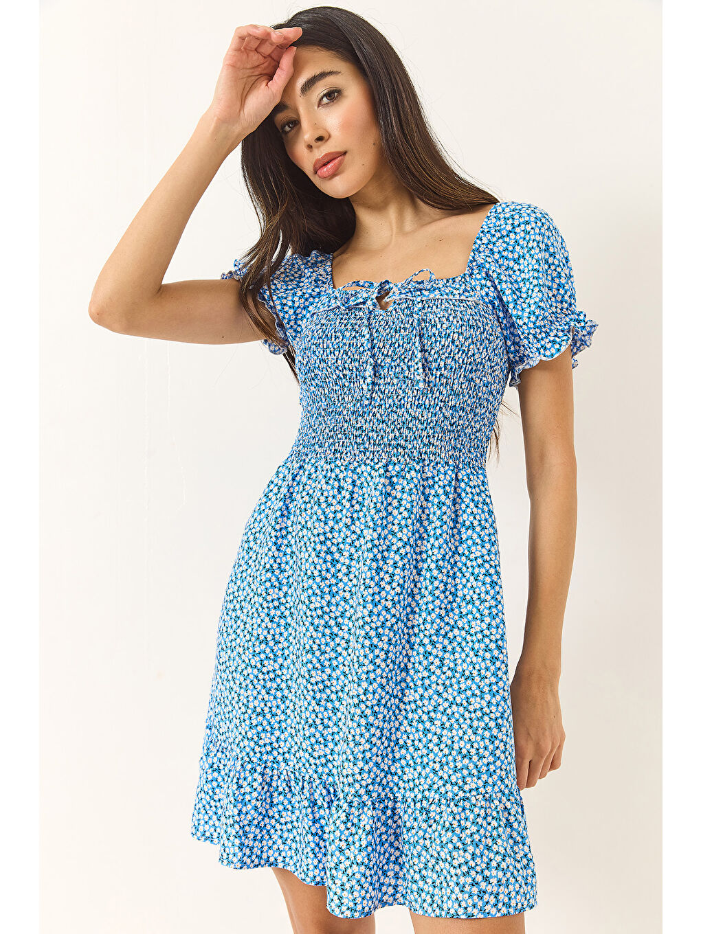 Mavi Kadın Papatya Desenli Karpuz Kollu Giperli Mini Viskon Elbise-4