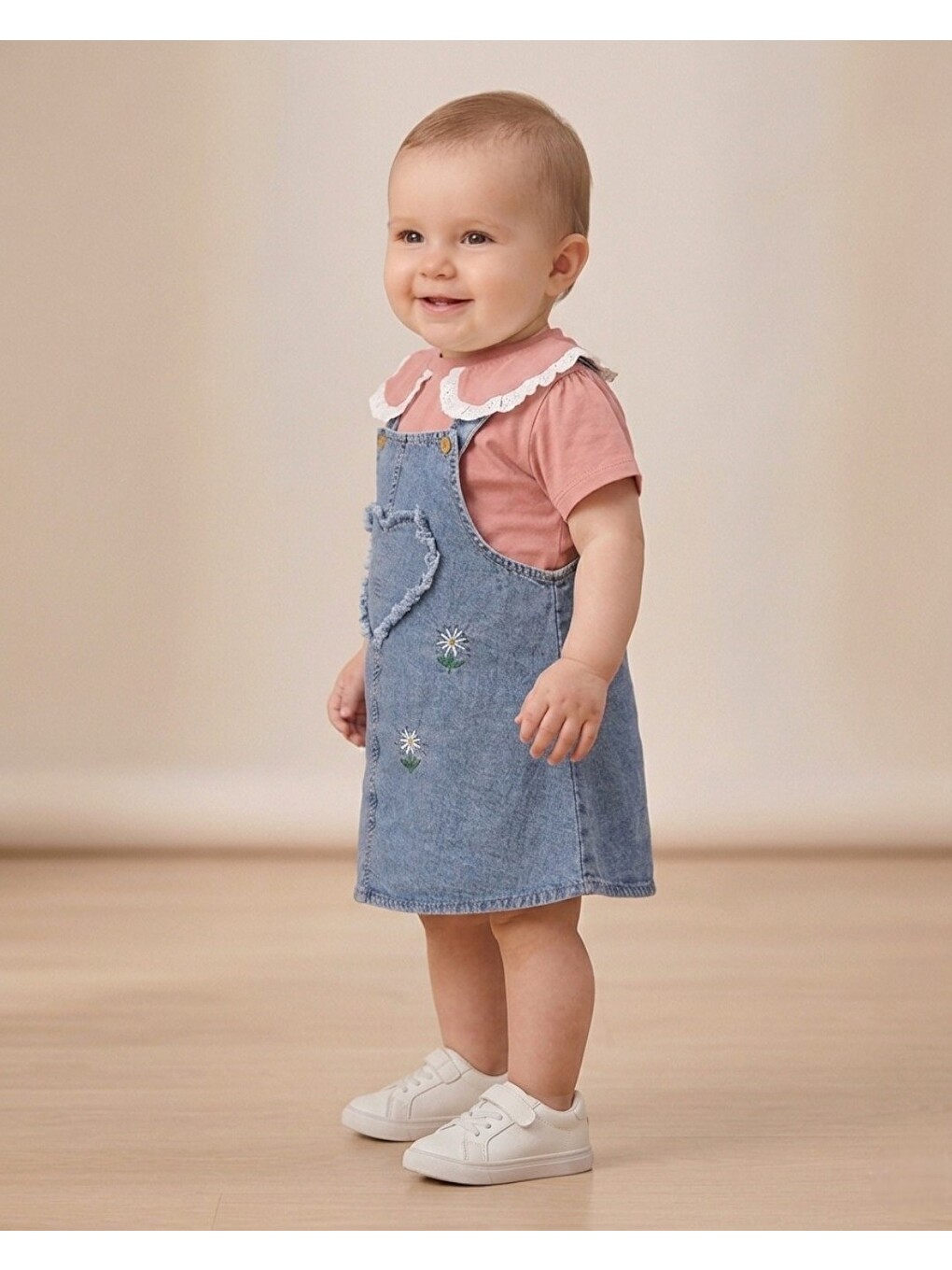 Pembe Kız Bebek Yazlık Jean Jile Ve T-shirtlü 2'lü Takım, 6-9-12-18-24 Aylık Jean Elbise Bayramlık Takım-2