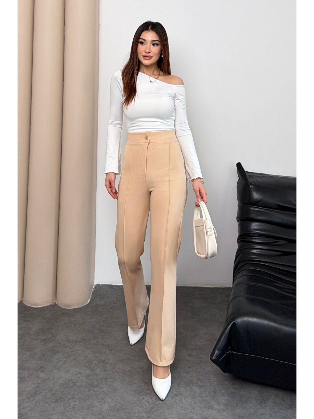 Kadın Yüksek Bel Düğmeli Fermuarlı Elastanlı Bej Düz Rahat Nervürlü Palazzo Pantolon-1