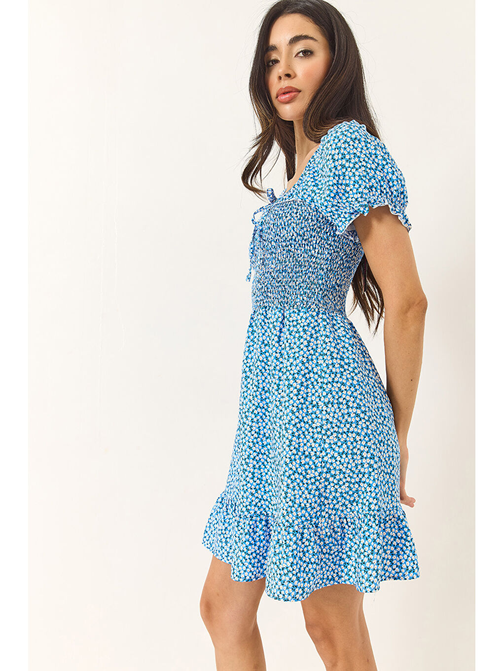 Mavi Kadın Papatya Desenli Karpuz Kollu Giperli Mini Viskon Elbise-5