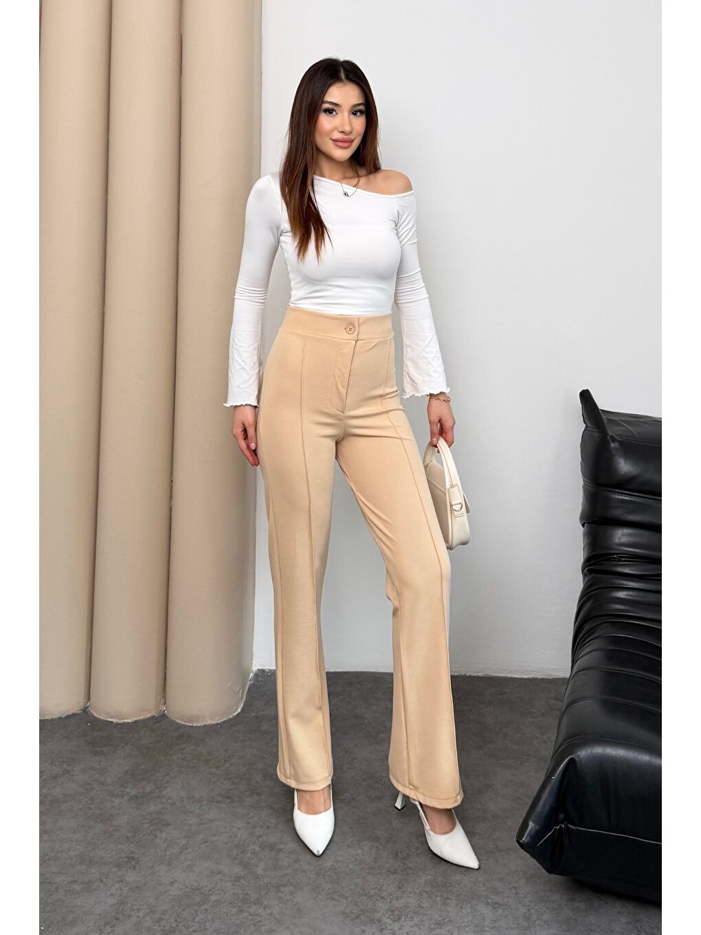 Kadın Yüksek Bel Düğmeli Fermuarlı Elastanlı Bej Düz Rahat Nervürlü Palazzo Pantolon-2