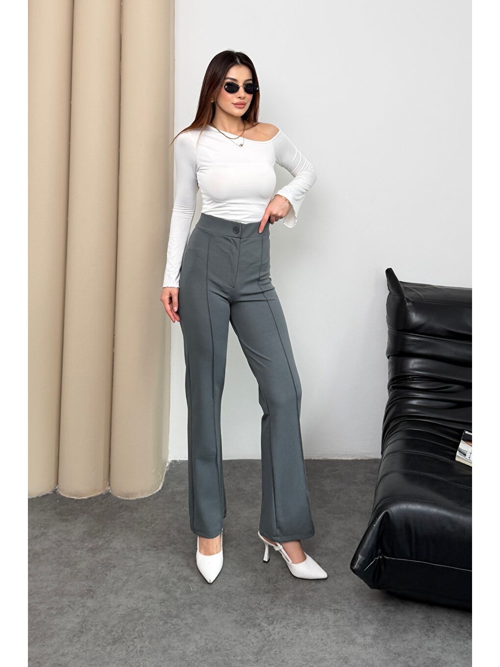 Gri Kadın Yüksek Bel Düğmeli Fermuarlı Elastanlı Füme Düz Rahat Nervürlü Palazzo Pantolon-1