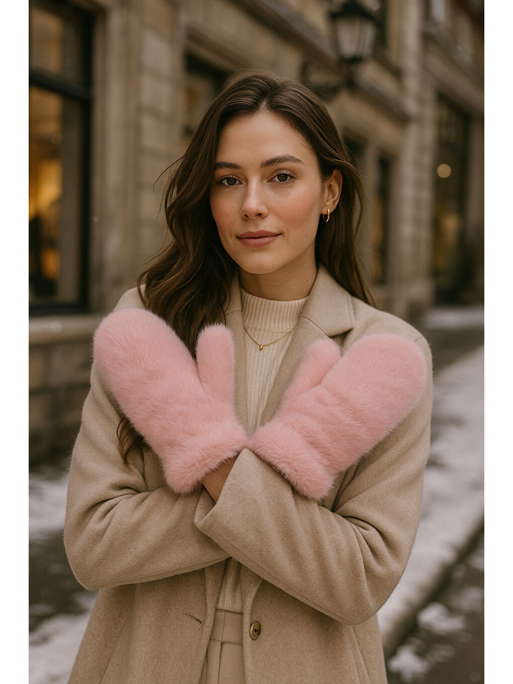 Pembe Kadın Pudra Pelüş Eldiven ELD32-1