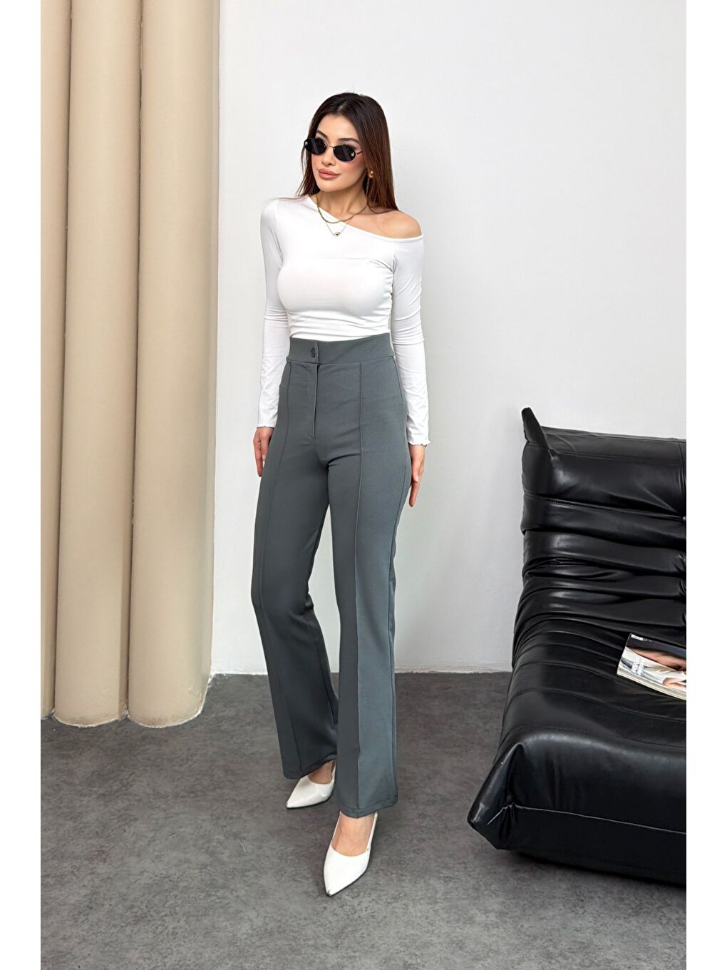 Gri Kadın Yüksek Bel Düğmeli Fermuarlı Elastanlı Füme Düz Rahat Nervürlü Palazzo Pantolon-2