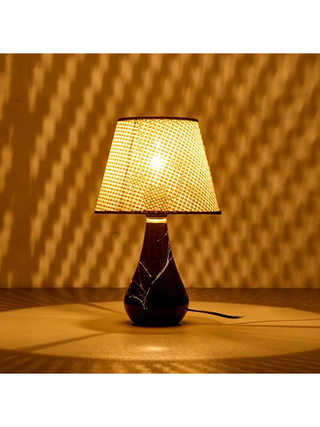 Konik Seramik Abajur - Siyah / Krem - 37x20x20 cm-3